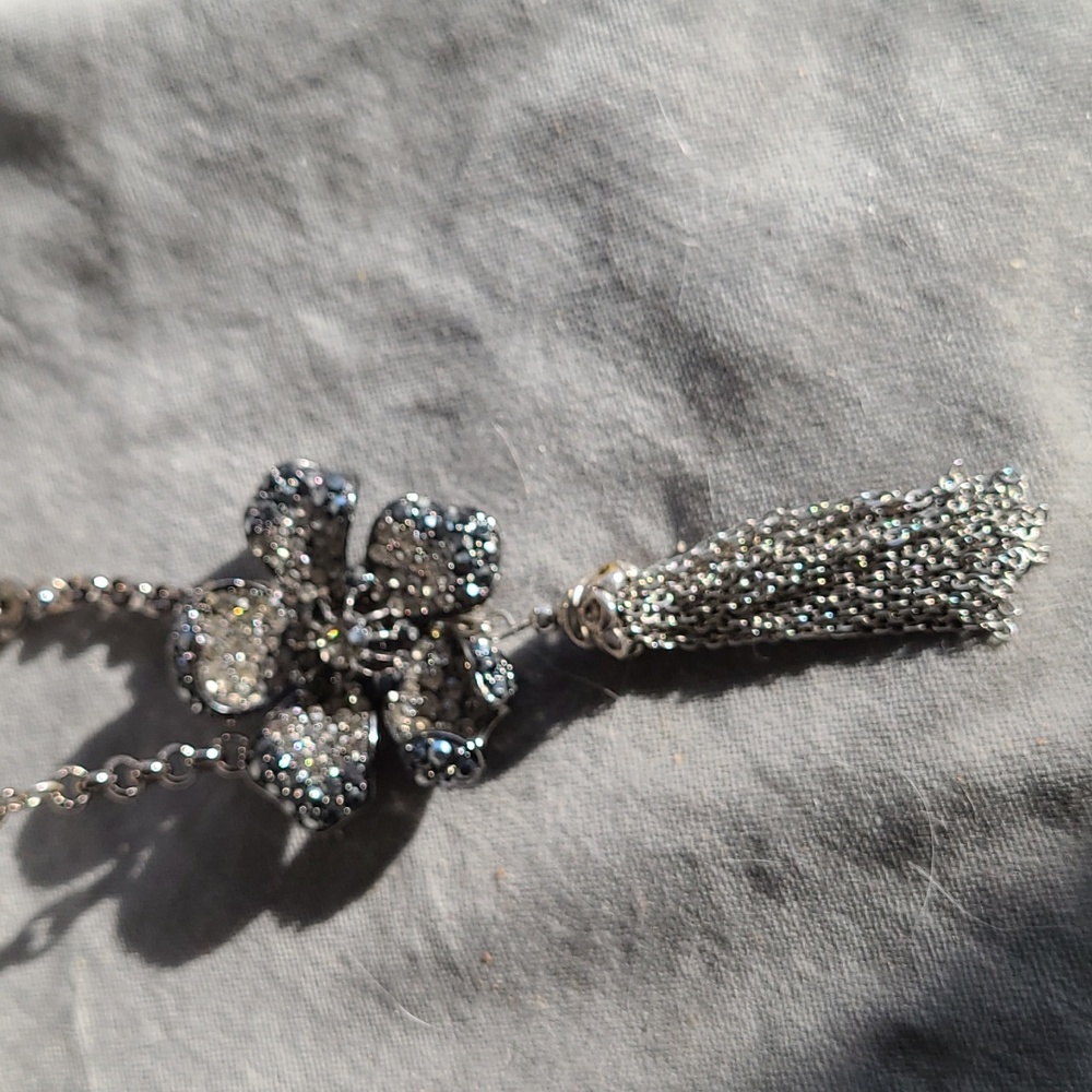 Handmade long gunmetal floral rhinestone necklace